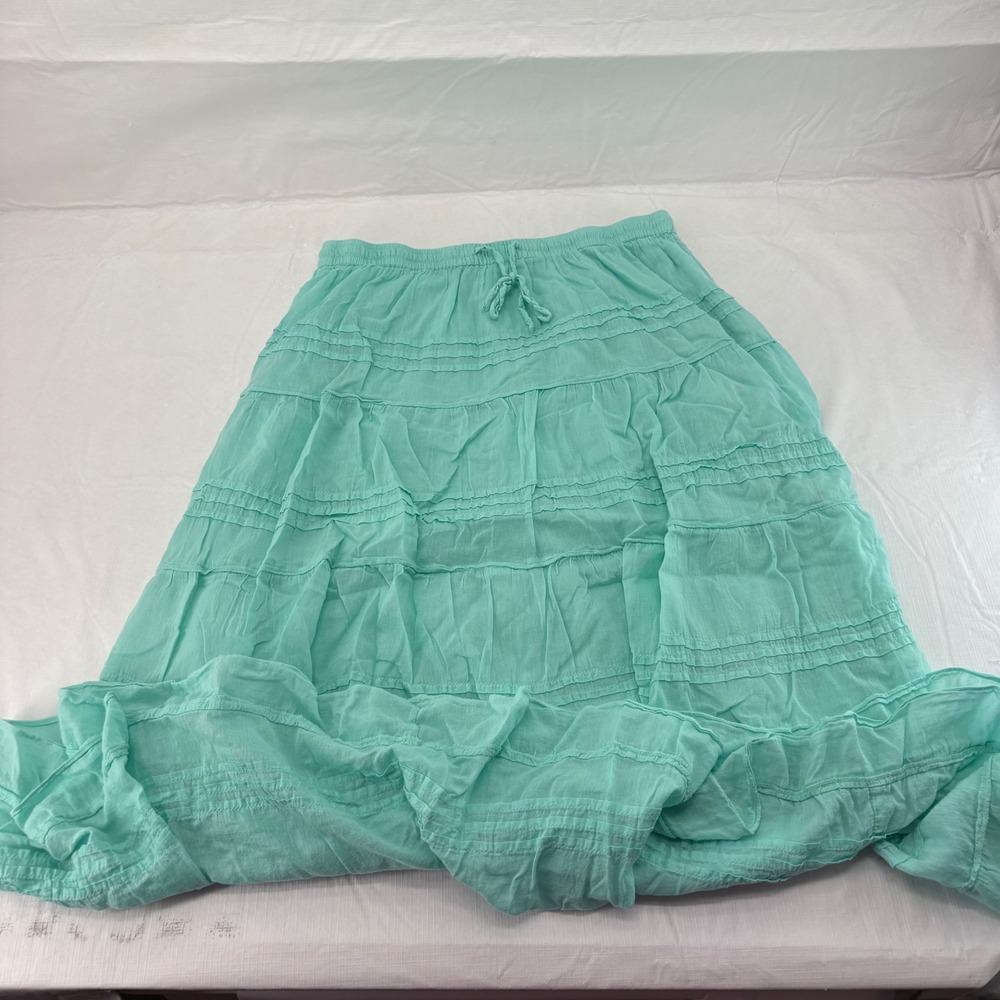 Kim Rogers Women Aqua Mint Green Cotton Gauze Tiered Pintuck Midi Skirt Size M